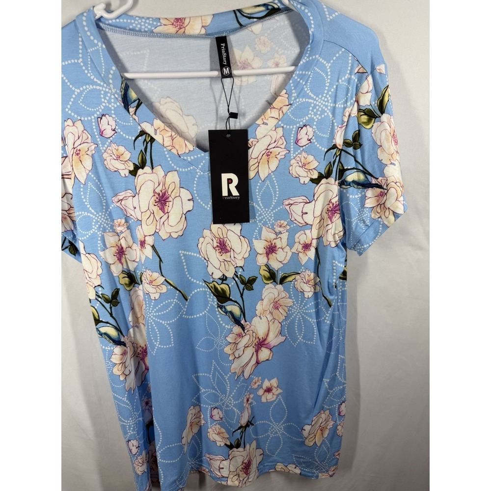 PrinStory Women's Floral V-Neck Short Sleeve Top - Size M - Blue/Pink